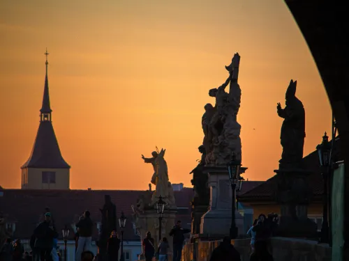 Statues of the Charles Bridge at sunrise